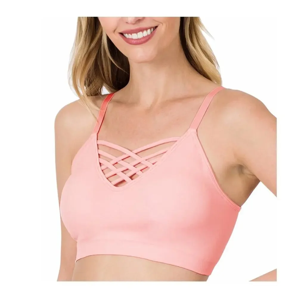 Women's Front V-Lattice Bralette Adjustable‎ Straps NOT PADDED Dusty Pink S/M